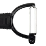 A close-up of a black Y peeler with a horizontal stainless steel blade and an ergonomic handle, isolated on a white background. The blade is positioned at the top, ready for use.