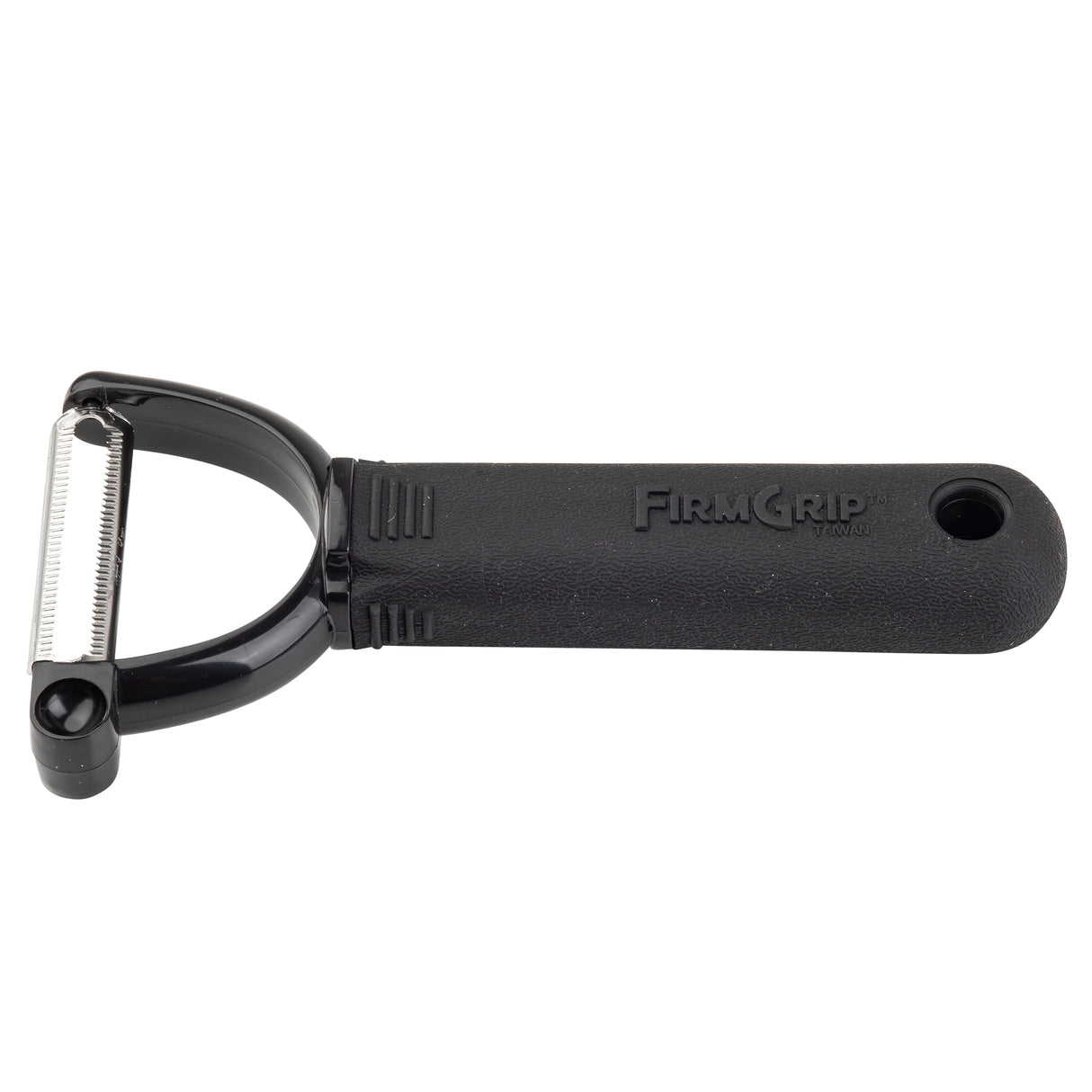 A black-handled Y peeler labeled FIRM GRIP features an ergonomic handle and a horizontal metal blade at the top for peeling. Its simple, utilitarian design includes a textured grip with a hole for hanging.