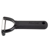 A black-handled Y peeler labeled FIRM GRIP features an ergonomic handle and a horizontal metal blade at the top for peeling. Its simple, utilitarian design includes a textured grip with a hole for hanging.
