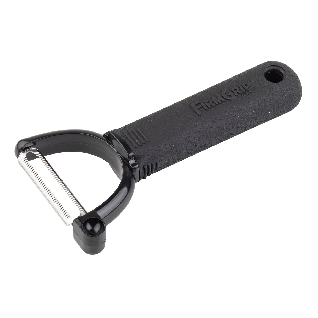 A black-handled Y peeler with "Firm Grip" embossed on its ergonomic handle. It features a horizontal serrated edge blade and a hole near the end for hanging. The design is simple, with a sturdy, comfortable grip.