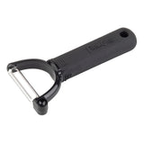 A black-handled Y peeler with "Firm Grip" embossed on its ergonomic handle. It features a horizontal serrated edge blade and a hole near the end for hanging. The design is simple, with a sturdy, comfortable grip.
