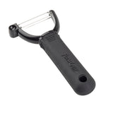 A black-handled Y peeler with a horizontal stainless steel blade. The ergonomic handle is textured for grip and has a hole at the end for hanging. The blade is sharp with a serrated edge, ideal for peeling fruits and vegetables.
