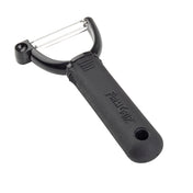 A black-handled Y peeler with a horizontal stainless steel blade. The ergonomic handle is textured for grip and has a hole at the end for hanging. The blade is sharp with a serrated edge, ideal for peeling fruits and vegetables.