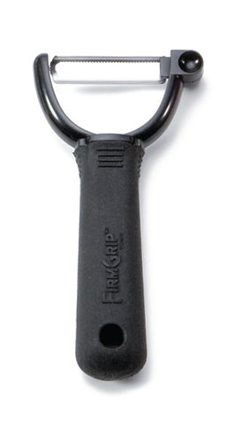 A black-handled Y peeler with a serrated stainless steel edge. The textured, ergonomic handle is labeled “Funk Grip,” ensuring a sturdy grip for easy peeling. The overall design is both durable and comfortable to use.