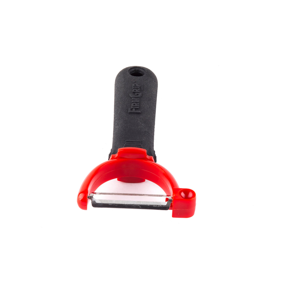 A Y peeler with a black, textured handle and a red plastic frame. This ergonomic peeler features a horizontal stainless steel blade, a small hanging hole at the end, and is set against a white background.