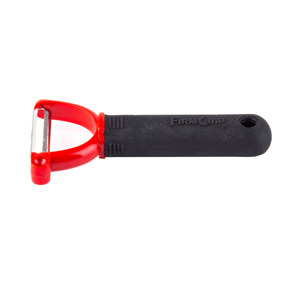A Y peeler with an ergonomic black handle labeled “FIRM GRIP” and a bright red head holding a horizontal metal blade, photographed on a white background. The handle has a hole at the end for hanging.