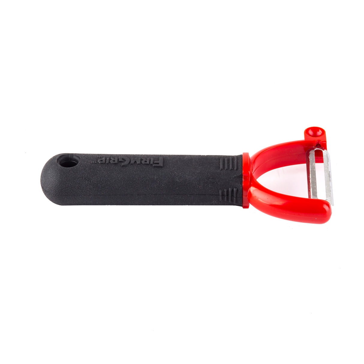 A Y peeler with a black handle and red frame holds a horizontal stainless steel blade, set against a white background. This ergonomic peeler features a small hole at the handle's end for hanging storage.