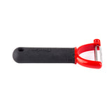 A Y peeler with a black handle and red frame holds a horizontal stainless steel blade, set against a white background. This ergonomic peeler features a small hole at the handle's end for hanging storage.