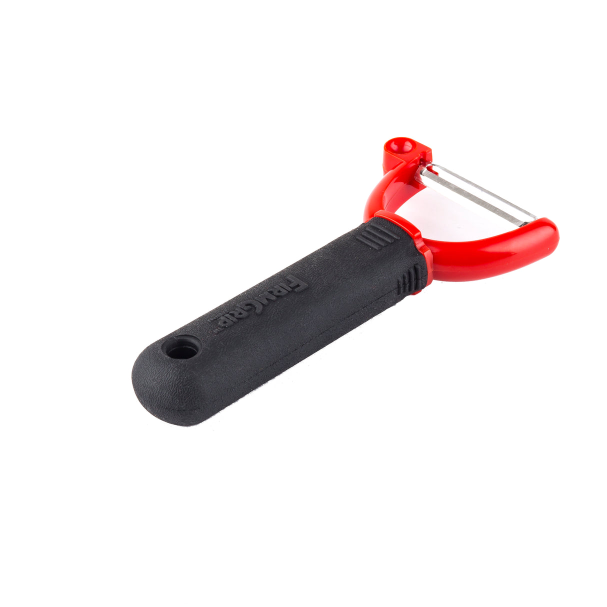 A Y-shaped ergonomic peeler with a black, textured handle and red plastic frame, featuring a horizontal metal blade at the top. The handle has a hole for hanging storage. This dishwasher safe peeler is photographed on a white background.