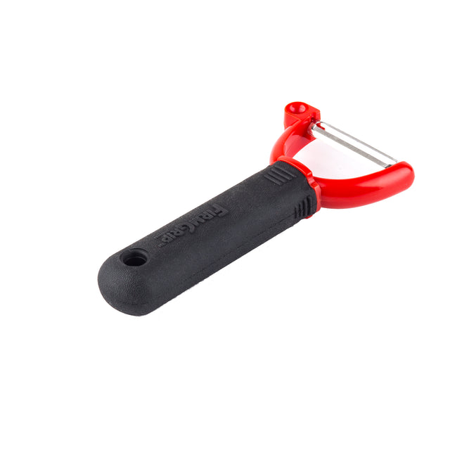 A Y-shaped ergonomic peeler with a black, textured handle and red plastic frame, featuring a horizontal metal blade at the top. The handle has a hole for hanging storage. This dishwasher safe peeler is photographed on a white background.