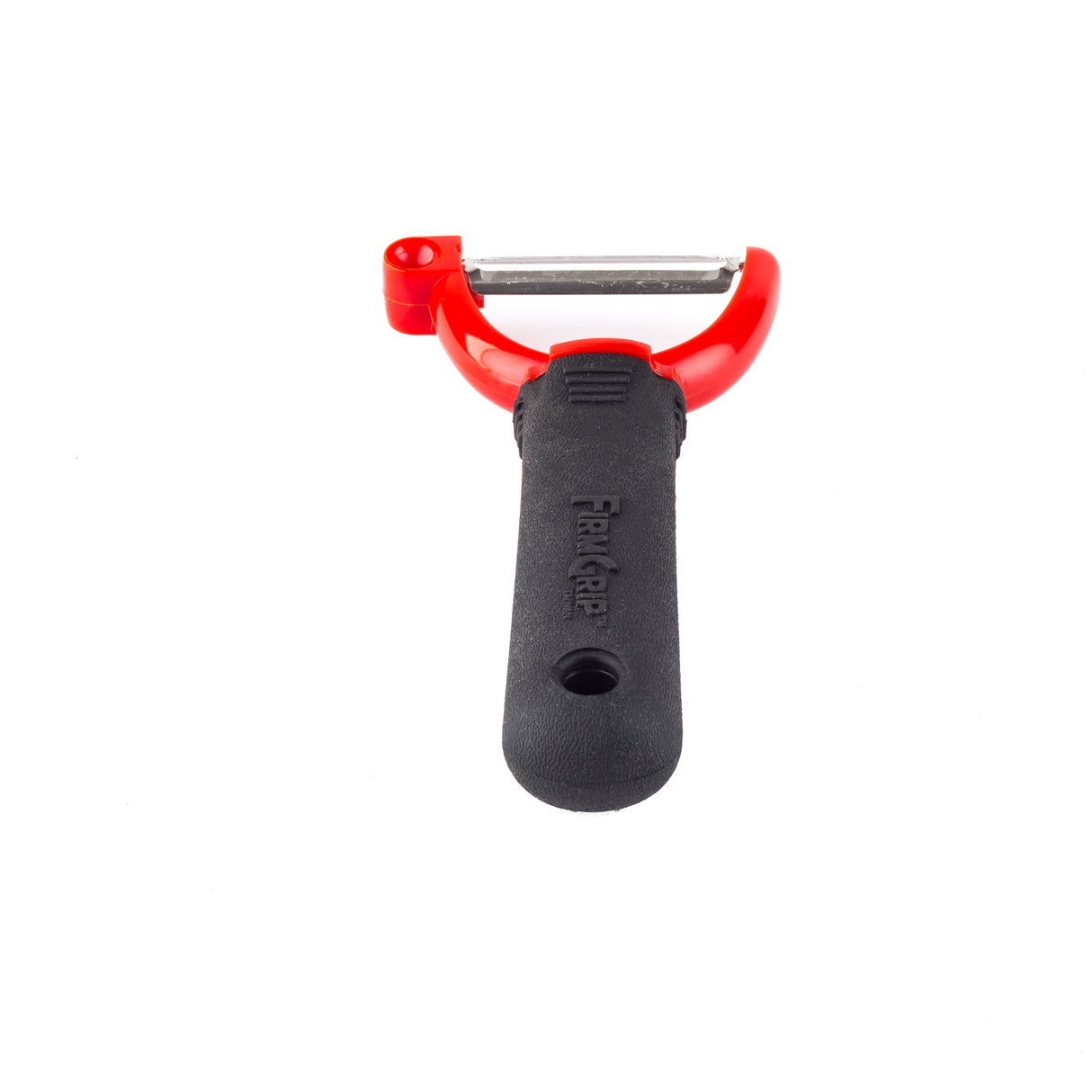 A Y peeler with a horizontal stainless steel blade, red frame, and black textured ergonomic handle is centered on a white background. The brand name “Farberware” is embossed on the handle.