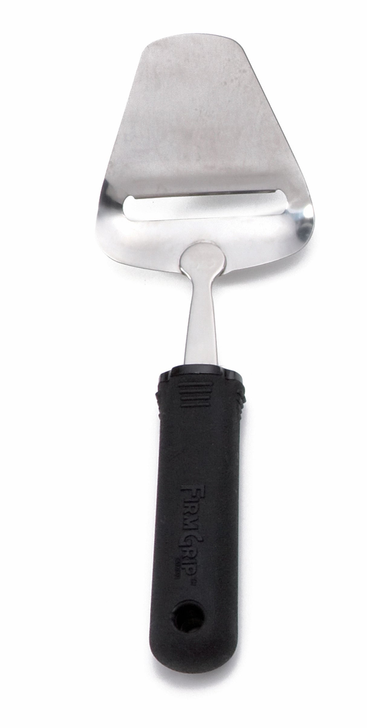 A stainless steel cheese plane with a flat, triangular blade, a horizontal slit for slicing, and an ergonomic soft grip handle. The tool is displayed on a white background with the handle at the bottom and blade at the top.