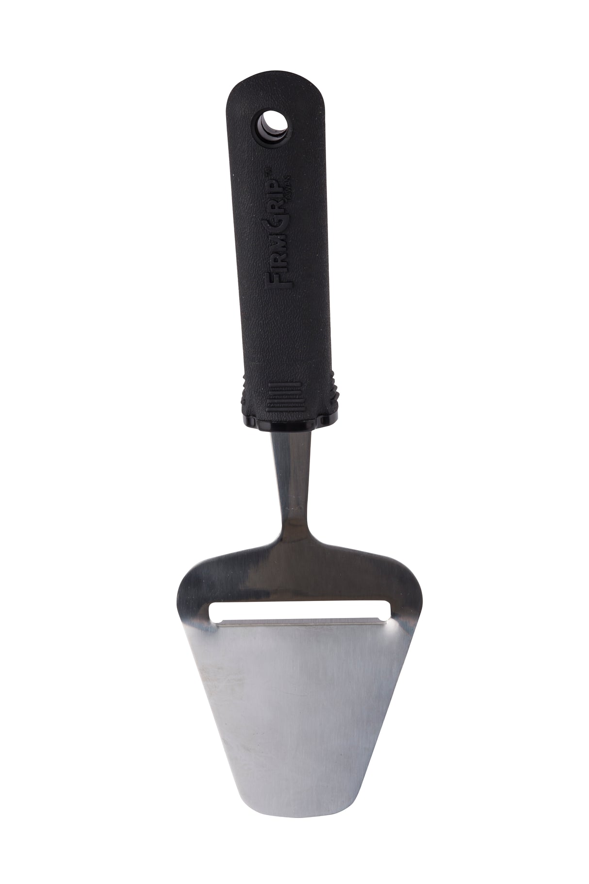 A metal cheese plane with a wide, flat stainless steel blade featuring a horizontal slot near the top. The ergonomic handle is black plastic with textured grooves for grip. The slicer stands upright on a white background.