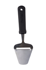 A metal cheese plane with a wide, flat stainless steel blade featuring a horizontal slot near the top. The ergonomic handle is black plastic with textured grooves for grip. The slicer stands upright on a white background.