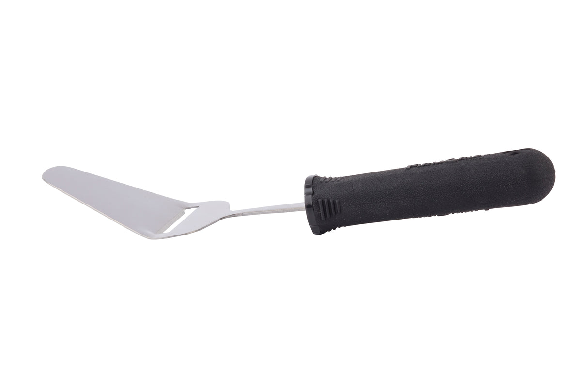 A small trowel with an ergonomic black, textured handle and a flat, triangular stainless steel blade. The blade is angled upward from the handle, making it suitable for precise tasks like spreading or shaping materials. The background is plain white.