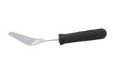 A small trowel with an ergonomic black, textured handle and a flat, triangular stainless steel blade. The blade is angled upward from the handle, making it suitable for precise tasks like spreading or shaping materials. The background is plain white.