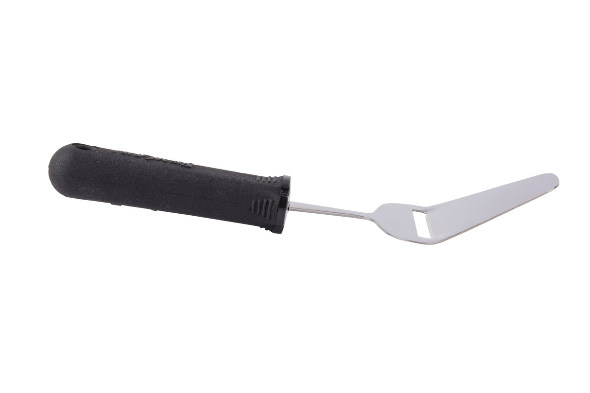 A stainless steel spatula with a flat, angled blade featuring a slot near the tip and a thick, ergonomic black handle, isolated on a white background.