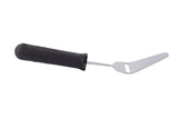 A stainless steel spatula with a flat, angled blade featuring a slot near the tip and a thick, ergonomic black handle, isolated on a white background.