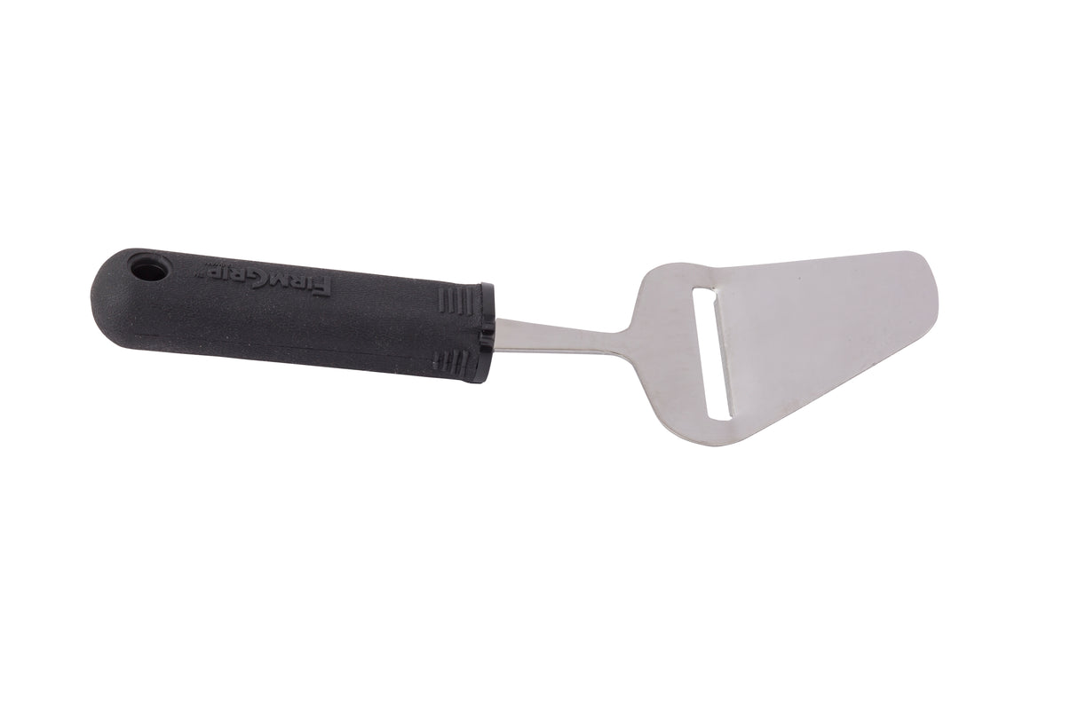 A stainless steel cheese plane with a black ergonomic handle and a flat, triangular blade featuring a slit for thin slices. The handle has textured grip lines and a hole for hanging. The background is white.