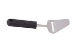 A stainless steel cheese plane with a black ergonomic handle and a flat, triangular blade featuring a slit for thin slices. The handle has textured grip lines and a hole for hanging. The background is white.