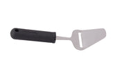 A stainless steel cheese plane with a black ergonomic handle and a flat, triangular blade featuring a slit for thin slices. The handle has textured grip lines and a hole for hanging. The background is white.