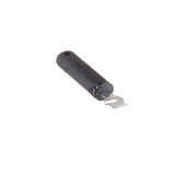 A small black-handled zester with a curved metal blade at one end, featuring several short, evenly spaced prongs; the blade is designed for zesting citrus fruits. This lemon peeler is isolated on a white background.