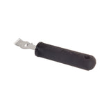 A metal lemon peeler and zester tool with a black textured, ergonomic handle labeled “FIRM GRIP.” The blade features small, sharp holes and a curved tip for zesting citrus fruit. The handle includes a hole at the end for hanging.