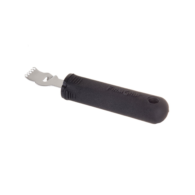 A metal lemon peeler and zester tool with a black textured, ergonomic handle labeled “FIRM GRIP.” The blade features small, sharp holes and a curved tip for zesting citrus fruit. The handle includes a hole at the end for hanging.