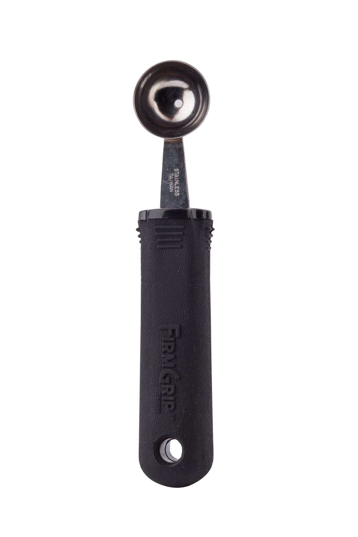 A stainless steel melón baller with a round, deep scoop and an ergonomic FATIGRIP black handle. The textured handle includes a hole for hanging, and the image is set against a plain white background.