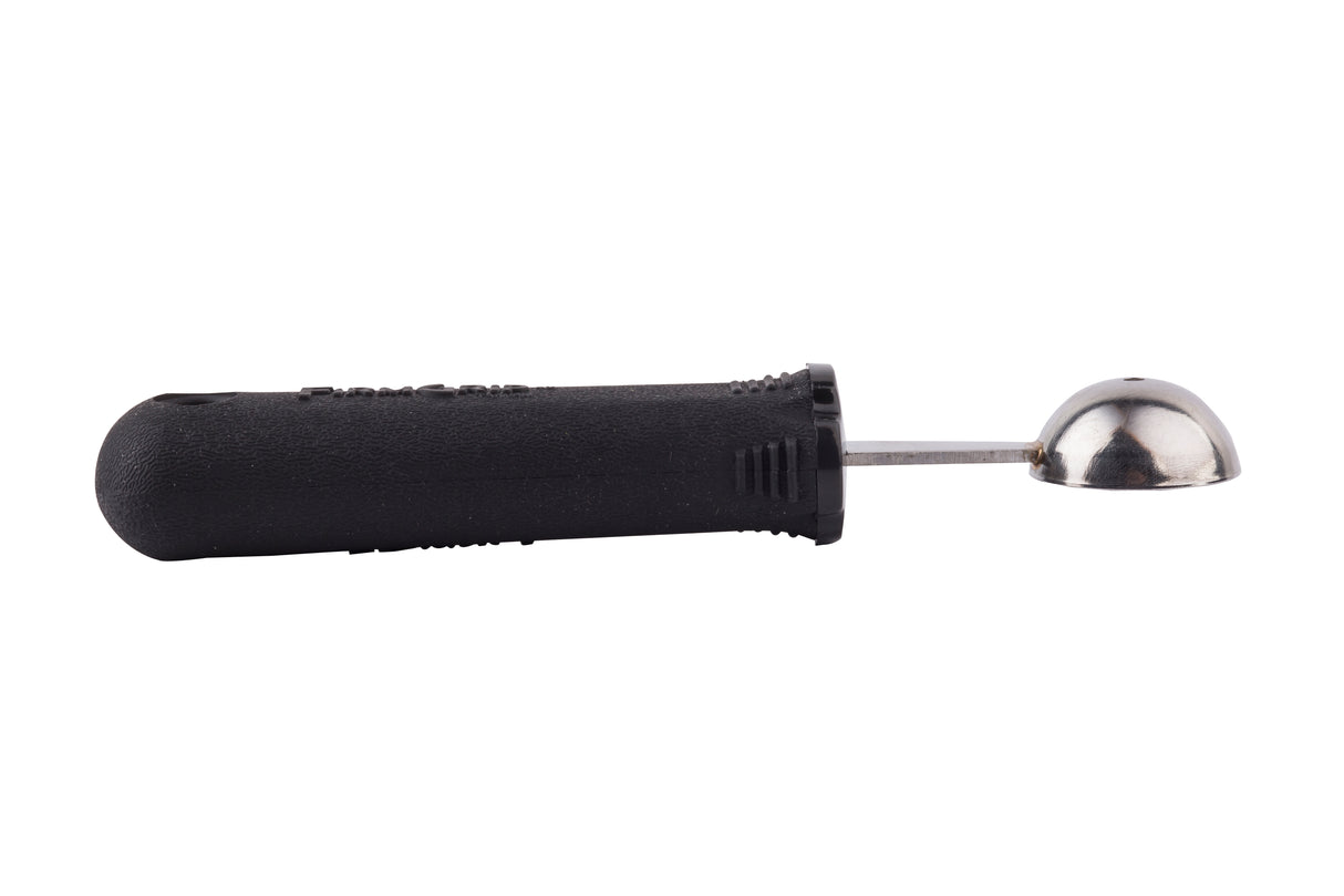 A melón baller with a black ergonomic handle and a small, round, stainless steel scooping end is shown lying horizontally on a white background, with the handle on the left and the metal scoop on the right.