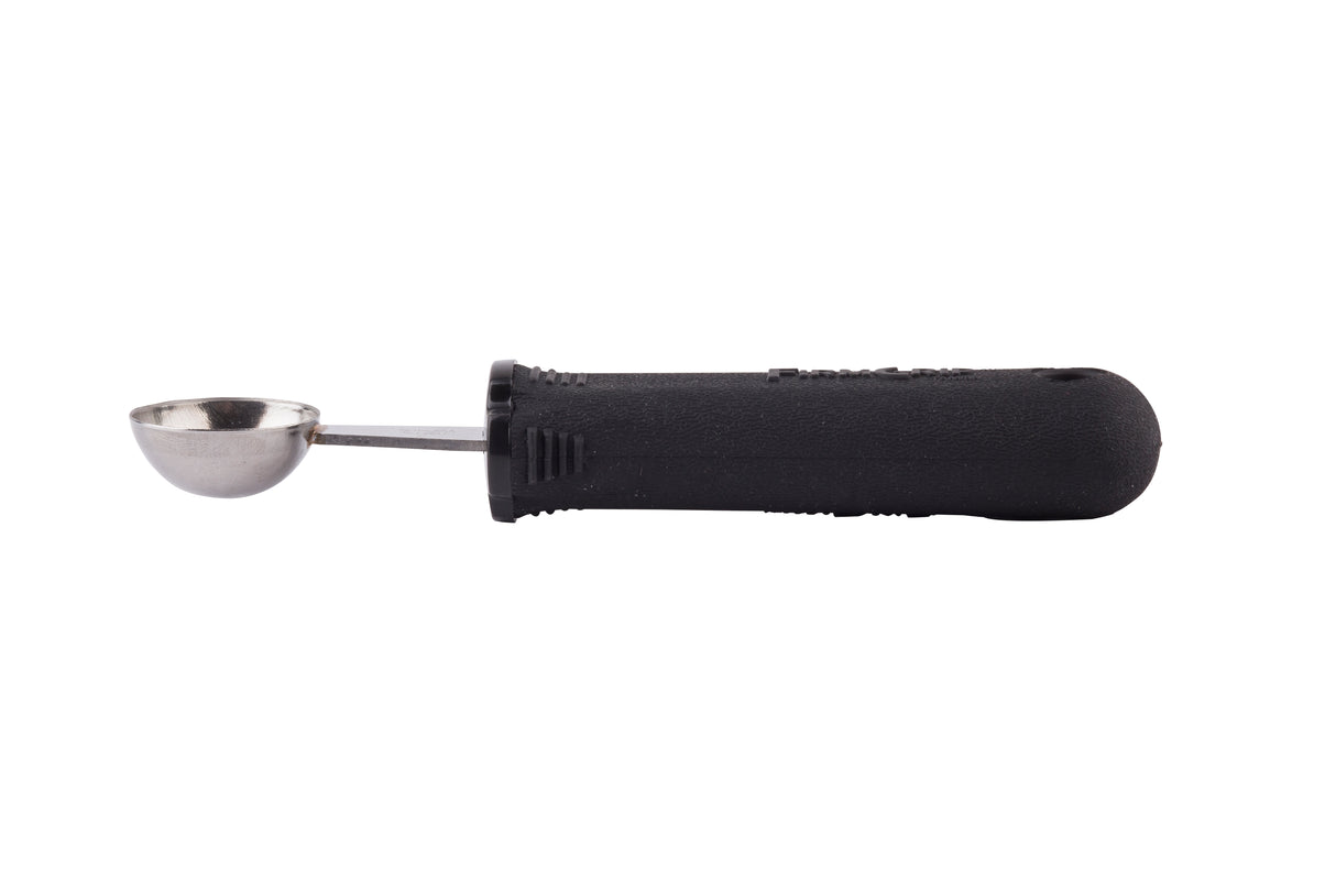 A stainless steel melón baller with a round, silver scoop and a thick, textured ergonomic handle is shown on a white background, positioned horizontally with the scoop on the left and the handle on the right.
