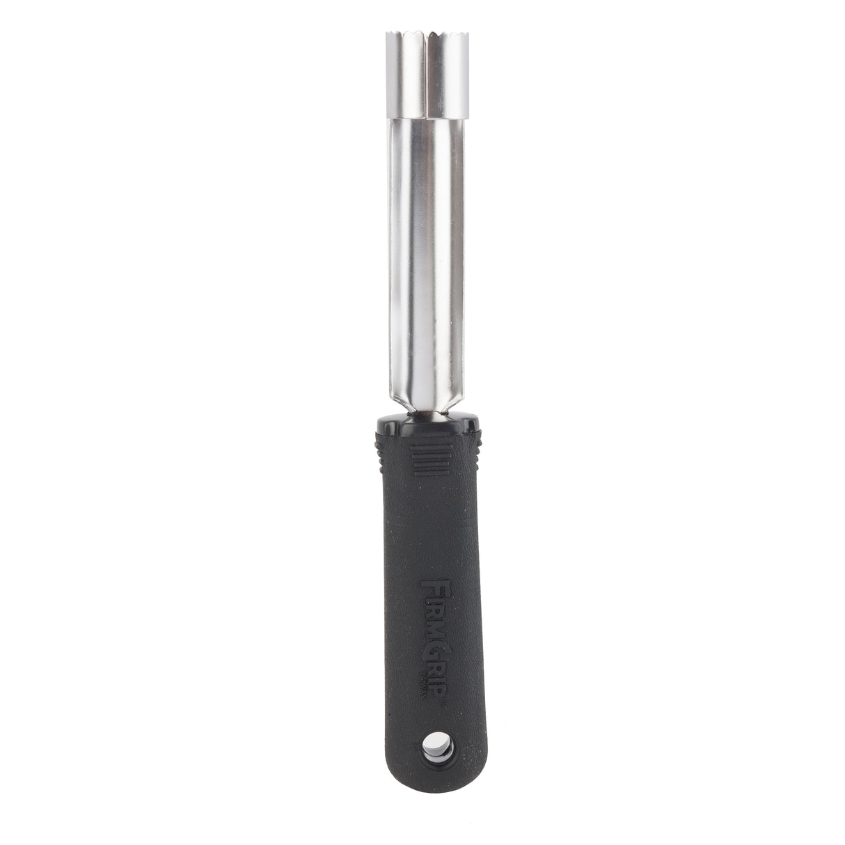 A stainless steel Apple Corer with an ergonomic handle in black plastic. The metal shaft features a circular, serrated end for easy cutting. Its textured handle offers grip and has a hanging hole. The tool stands vertically on a white background.