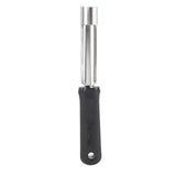 A stainless steel Apple Corer with an ergonomic handle in black plastic. The metal shaft features a circular, serrated end for easy cutting. Its textured handle offers grip and has a hanging hole. The tool stands vertically on a white background.