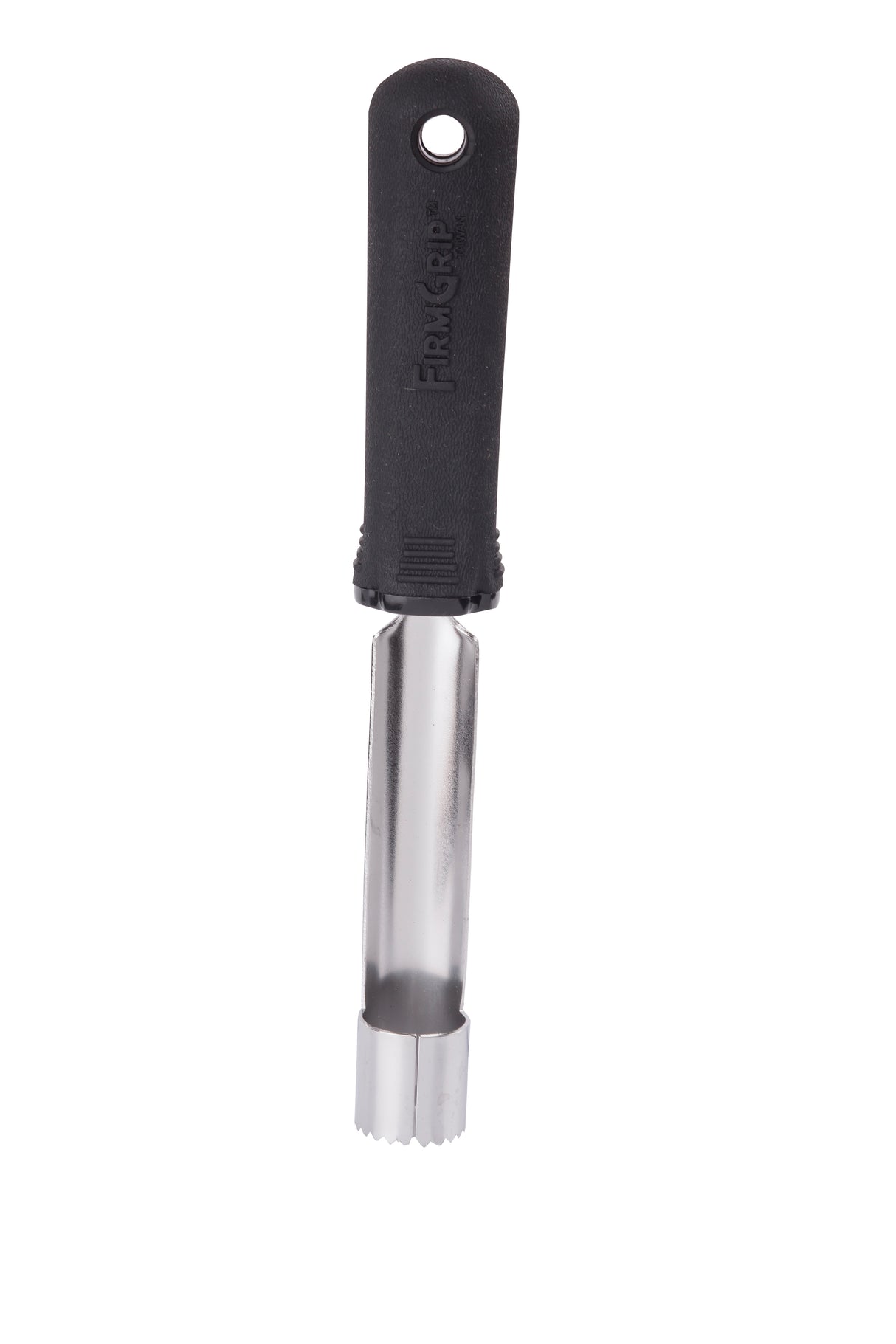 A stainless steel Apple Corer with a cylindrical, serrated cutting blade and an ergonomic black plastic handle labeled FIRM GRIP, featuring a hanging hole. The background is plain white.