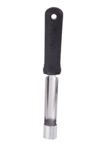 A stainless steel Apple Corer with a cylindrical, serrated cutting blade and an ergonomic black plastic handle labeled FIRM GRIP, featuring a hanging hole. The background is plain white.