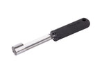 This Apple Corer features a stainless steel cylindrical blade with serrated edges for easy fruit prep, and a black ergonomic handle with a hanging hole. Its sleek design stands out against the plain white background.