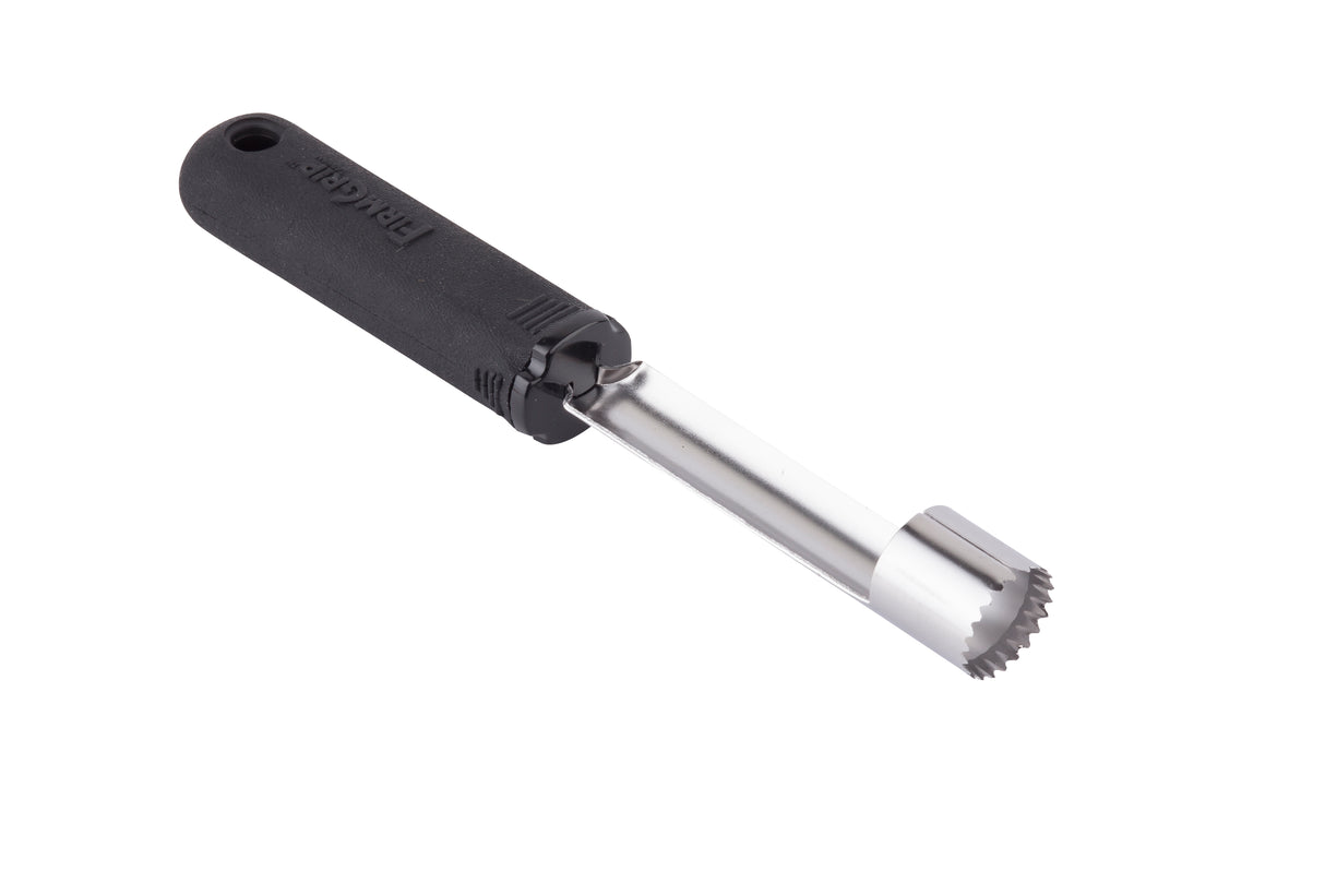 The stainless steel Apple Corer features a black, ergonomic handle for comfort. Its cylindrical, serrated blade removes apple cores with ease, and a hole in the handle allows for convenient hanging storage. Photographed on a white background.