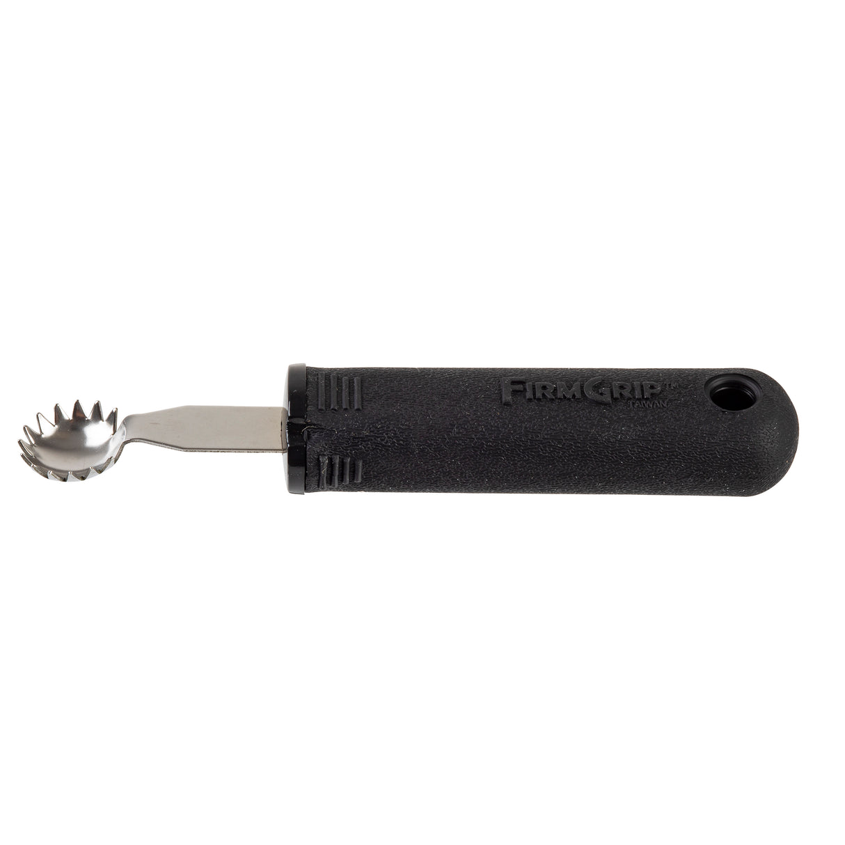 A melon baller with an ergonomic, non-slip Firm Grip handle and a small, round stainless steel scooping head edged with pointed teeth—perfect for cutting and scooping melon balls or as a Tomato Stem Corer.