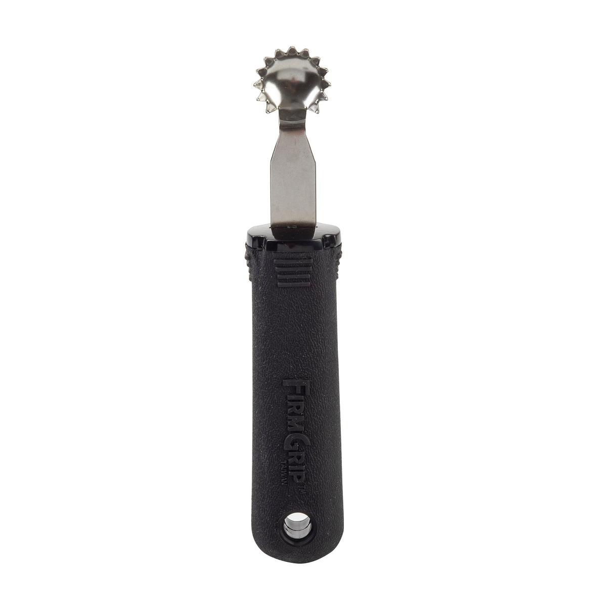A metal pizza dough docker with a short, black, ergonomic handle labeled “Firm Grip.” The stainless steel wheel has multiple sharp points for docking dough. The tool is displayed vertically against a white background.