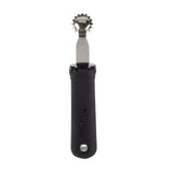 A metal pizza dough docker with a short, black, ergonomic handle labeled “Firm Grip.” The stainless steel wheel has multiple sharp points for docking dough. The tool is displayed vertically against a white background.