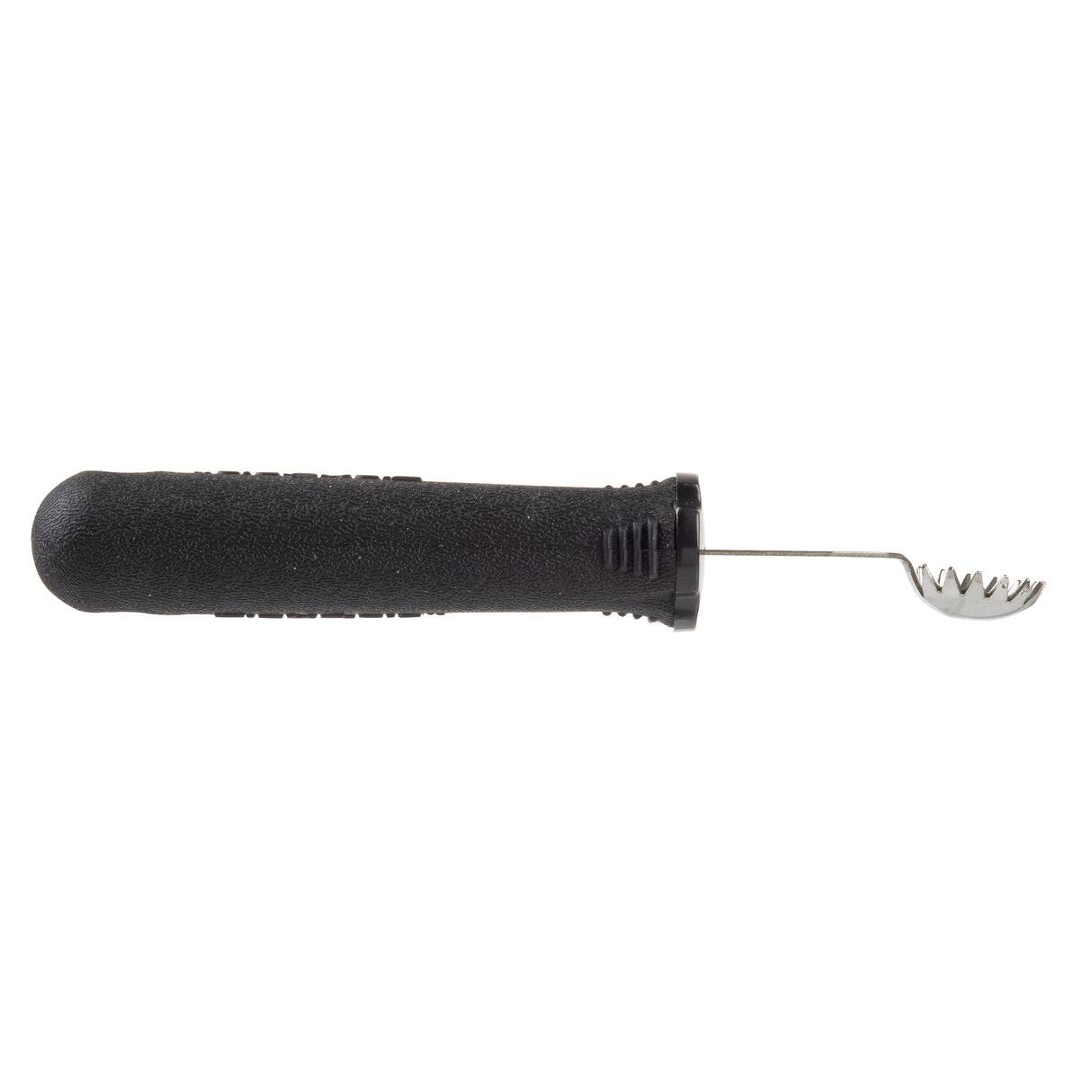 A black, ergonomic handle tool with a short stainless steel shaft ending in a small, rounded, toothed metal scoop—ideal as a Tomato Stem Corer or for precise tasks like scooping. The handle offers a comfortable grip for controlled use.