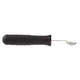 A black, ergonomic handle tool with a short stainless steel shaft ending in a small, rounded, toothed metal scoop—ideal as a Tomato Stem Corer or for precise tasks like scooping. The handle offers a comfortable grip for controlled use.