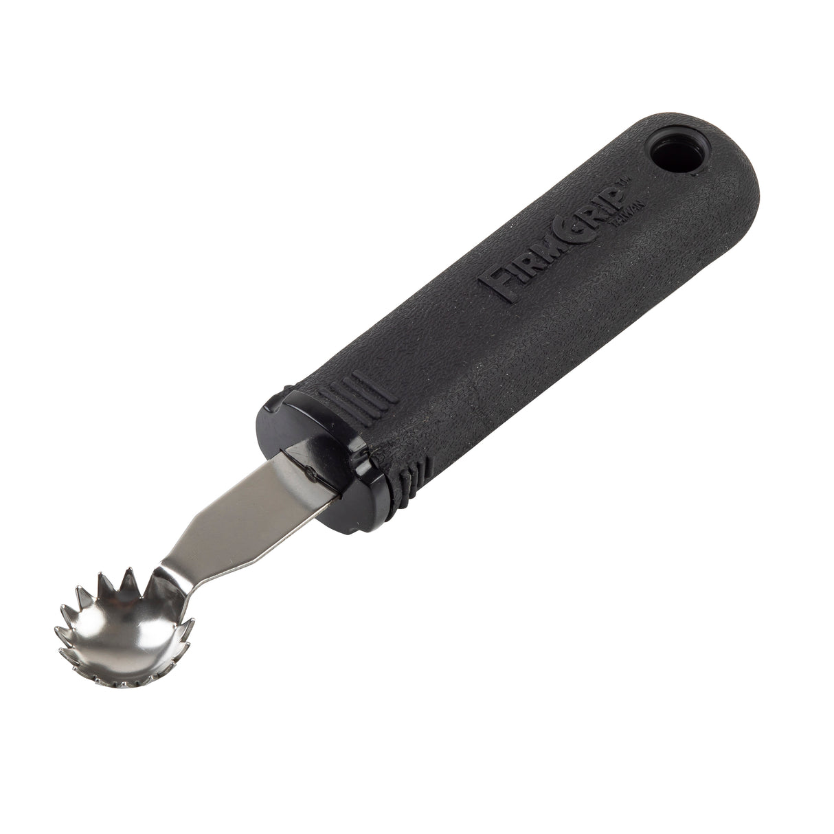 A stainless steel melon baller with a serrated edge and a black, textured ergonomic handle labeled “FIRM GRIP.” The handle has a hole for hanging. The circular scoop’s jagged edges work well for cutting fruit or as a tomato stem corer.