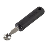 A stainless steel melon baller with a serrated edge and a black, textured ergonomic handle labeled “FIRM GRIP.” The handle has a hole for hanging. The circular scoop’s jagged edges work well for cutting fruit or as a tomato stem corer.