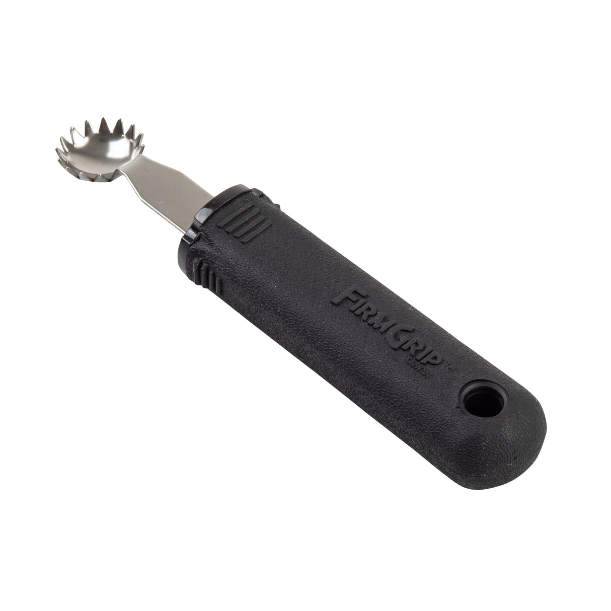 A tomato stem corer with a black, textured ergonomic handle featuring the word FIRM GRIP. The stainless steel tool has a short, flat shaft ending in a small, circular, jagged-edged blade and a hole at the handle’s end for hanging.