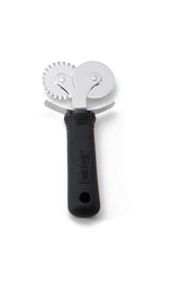 A Double Pastry Cutter with an ergonomic soft grip handle and stainless steel wheels—one smooth, one fluted—for cutting dough or pasta. Photographed against a white background, this kitchen tool ensures comfort and precision.