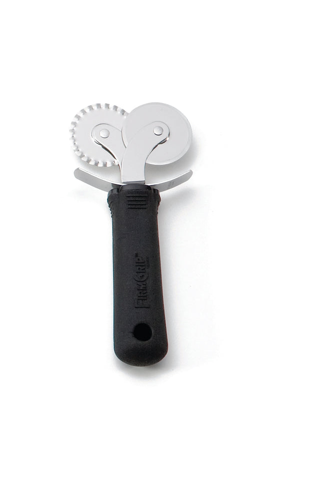 A Double Pastry Cutter with an ergonomic soft grip handle and stainless steel wheels—one smooth, one fluted—for cutting dough or pasta. Photographed against a white background, this kitchen tool ensures comfort and precision.