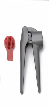 A stainless steel garlic press with an ergonomic handle and hinge is shown on a white background, positioned to the right. To its left is a small, flat red silicone cleaning tool with bristles, shaped to fit the press holes for easy cleaning.
