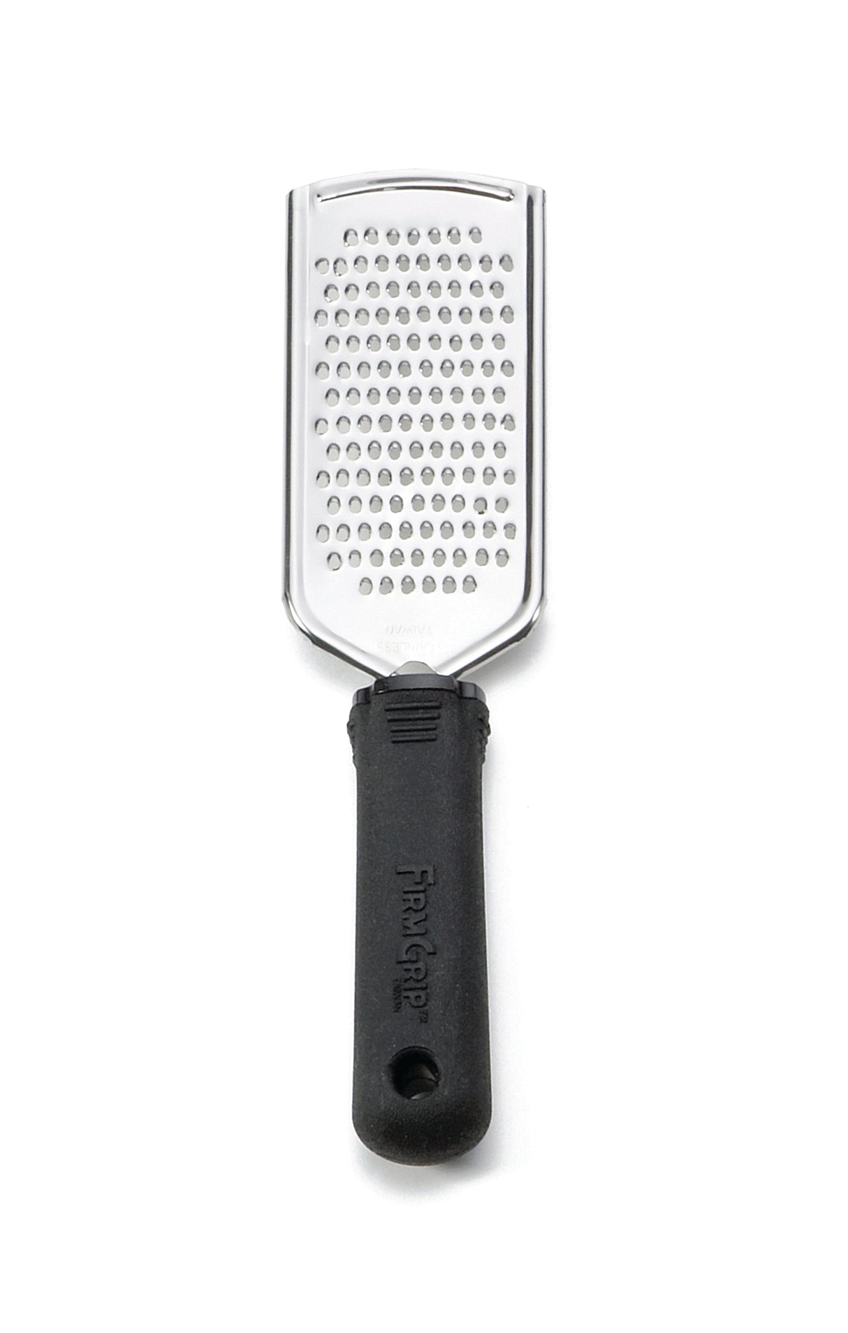 A stainless steel cheese grater with an ergonomic handle labeled FAT GRIP is shown against a white background. The grater features a rectangular surface with multiple small, round grating holes.
