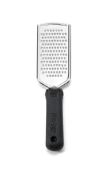 A stainless steel cheese grater with an ergonomic handle labeled FAT GRIP is shown against a white background. The grater features a rectangular surface with multiple small, round grating holes.